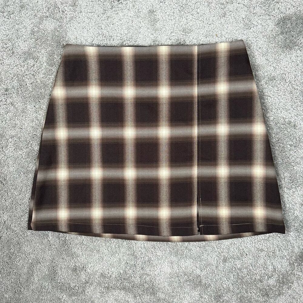 BP Nordstrom Brown Plaid Mini Skirt Size M Ombre Front Slit Academia Coquette